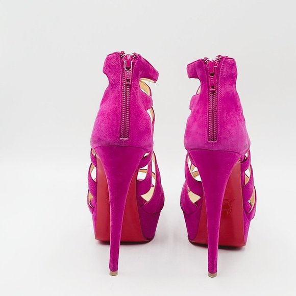Christian Louboutin Heels Balota Fuchsia Hot Pink Multi Strap Suede Booties 37 - Picture 5 of 7